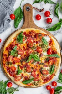 “Delicious Italian pizza with melted cheese and fresh basil”